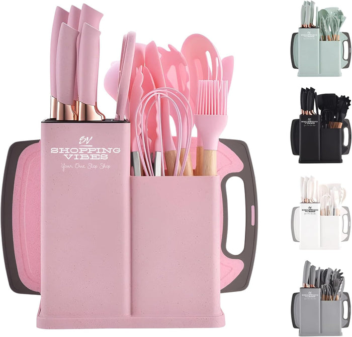 19-Piece Heat-Resistant Silicone Kitchen Utensil Set with Wooden Handles